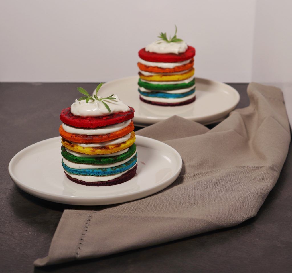 673CA31C-8F62-4089-90CF-4B5DB7FFFEDC-1024x958 Rainbow Pancakes Salati con Crema di Formaggio Caprino e Limone