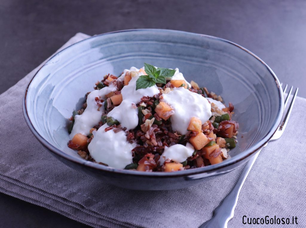 5242D54E-C60C-42FA-86AE-FBA3D90D4E1F-1024x763 Insalata di Riso Rosso, Fagiolini, Melone e Burrata di Bufala
