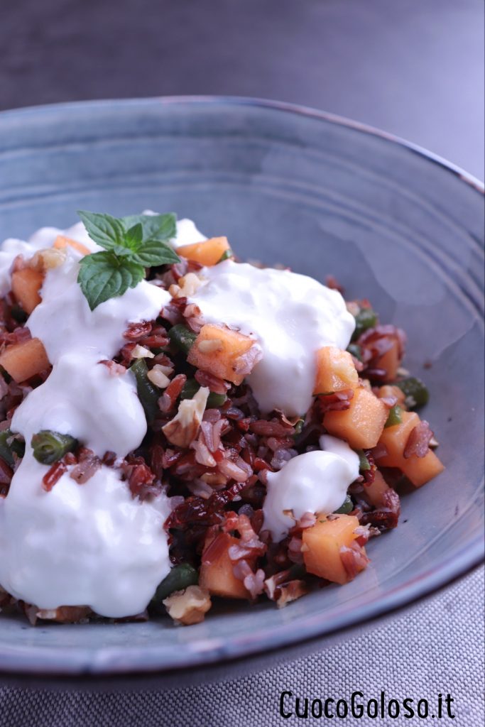 55D852B4-536B-4D78-BE3B-FD75D27C4D56-683x1024 Insalata di Riso Rosso, Fagiolini, Melone e Burrata di Bufala
