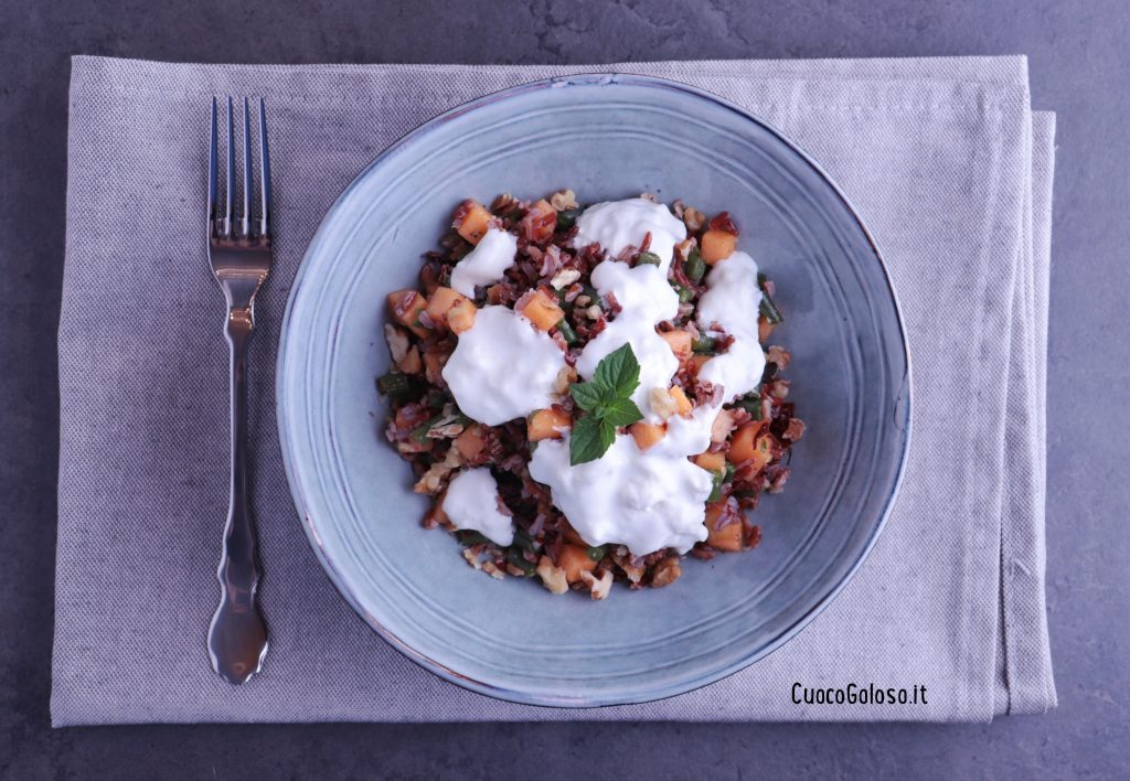 88628E9C-6598-4B86-B075-8CBA745D1734-1024x708 Insalata di Riso Rosso, Fagiolini, Melone e Burrata di Bufala