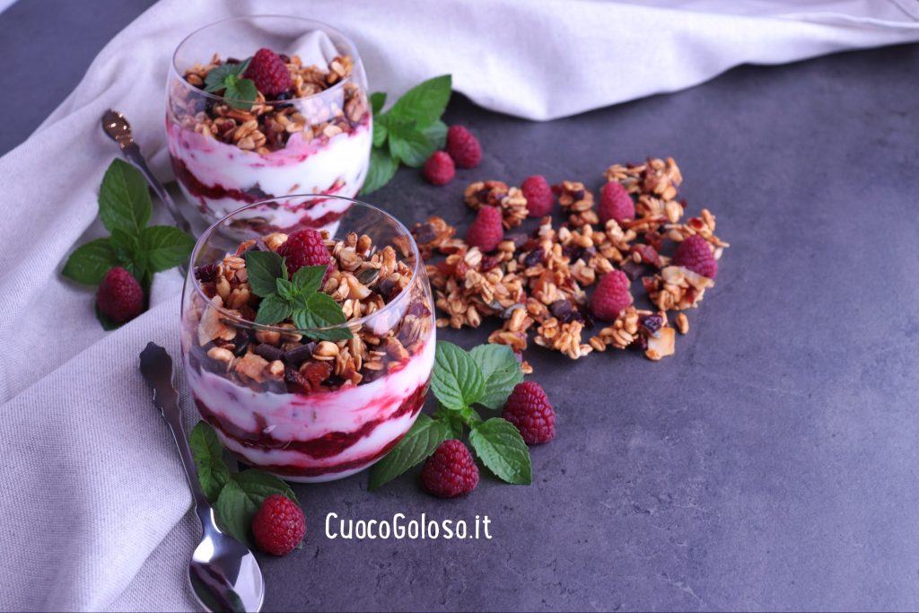 451AD126-CBEB-4D65-96FF-C0C8848B0FD7-1024x683 Coppa con Crema di Yogurt, Lamponi pestati e Granola