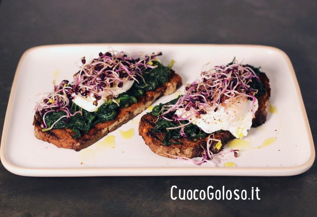 8FF9734A-17B7-4AC5-88AC-A3929ADE7B7F-1024x702 Crostone con Agretti, Uovo Pochè e Germogli di Ravanello Rosso