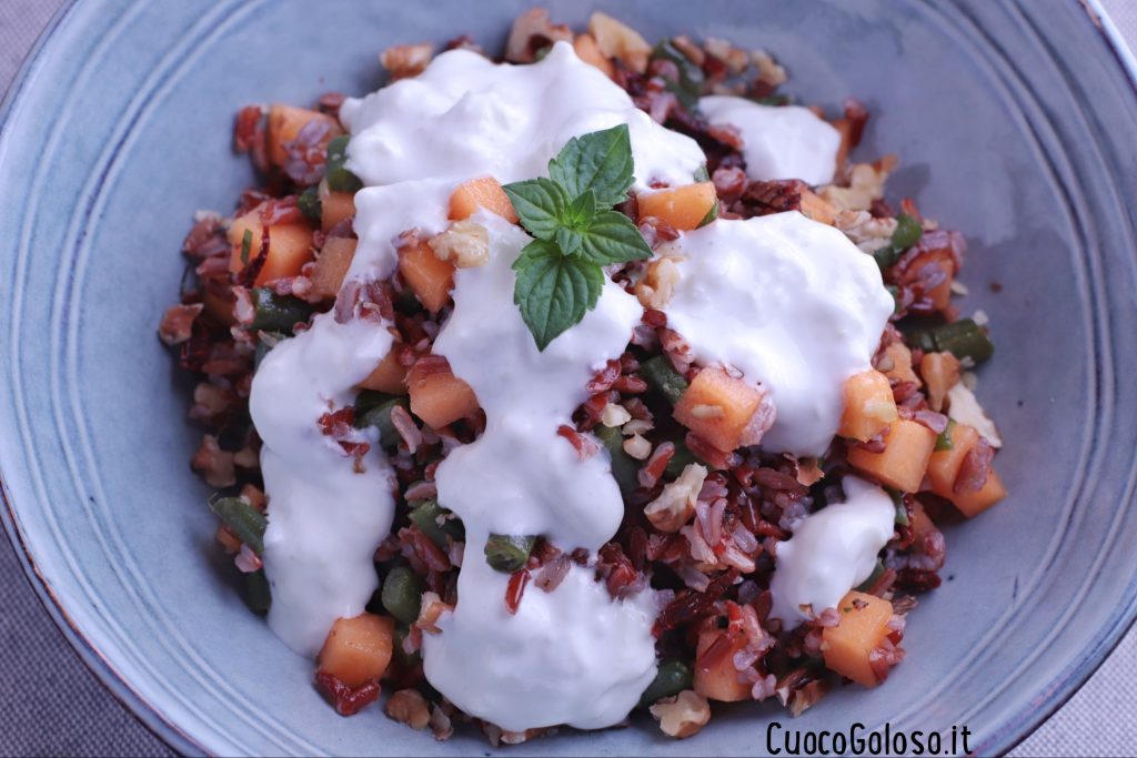 18D142FC-69B7-4AB9-8B00-9C945AC9EC3A-1024x683 Insalata di Riso Rosso, Fagiolini, Melone e Burrata di Bufala
