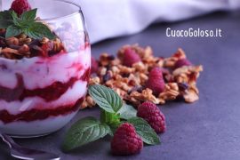 Coppa con Crema di Yogurt, Lamponi pestati e Granola